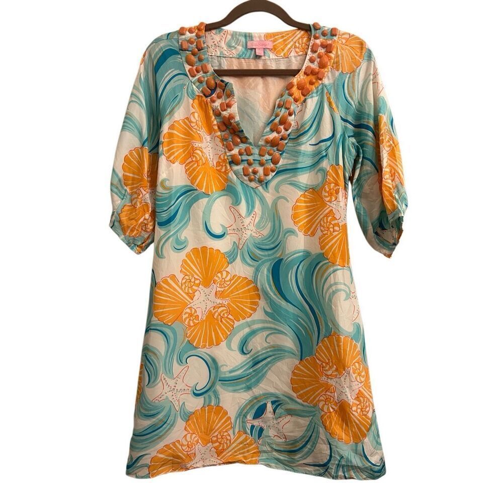 Lilly Pulitzer Alice Silk Dress Size 0 Puff Sleeves Orange/Blue beachy